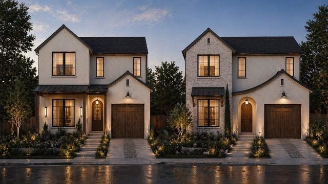 Dusk street rendering of both Bellaire Drive residences
