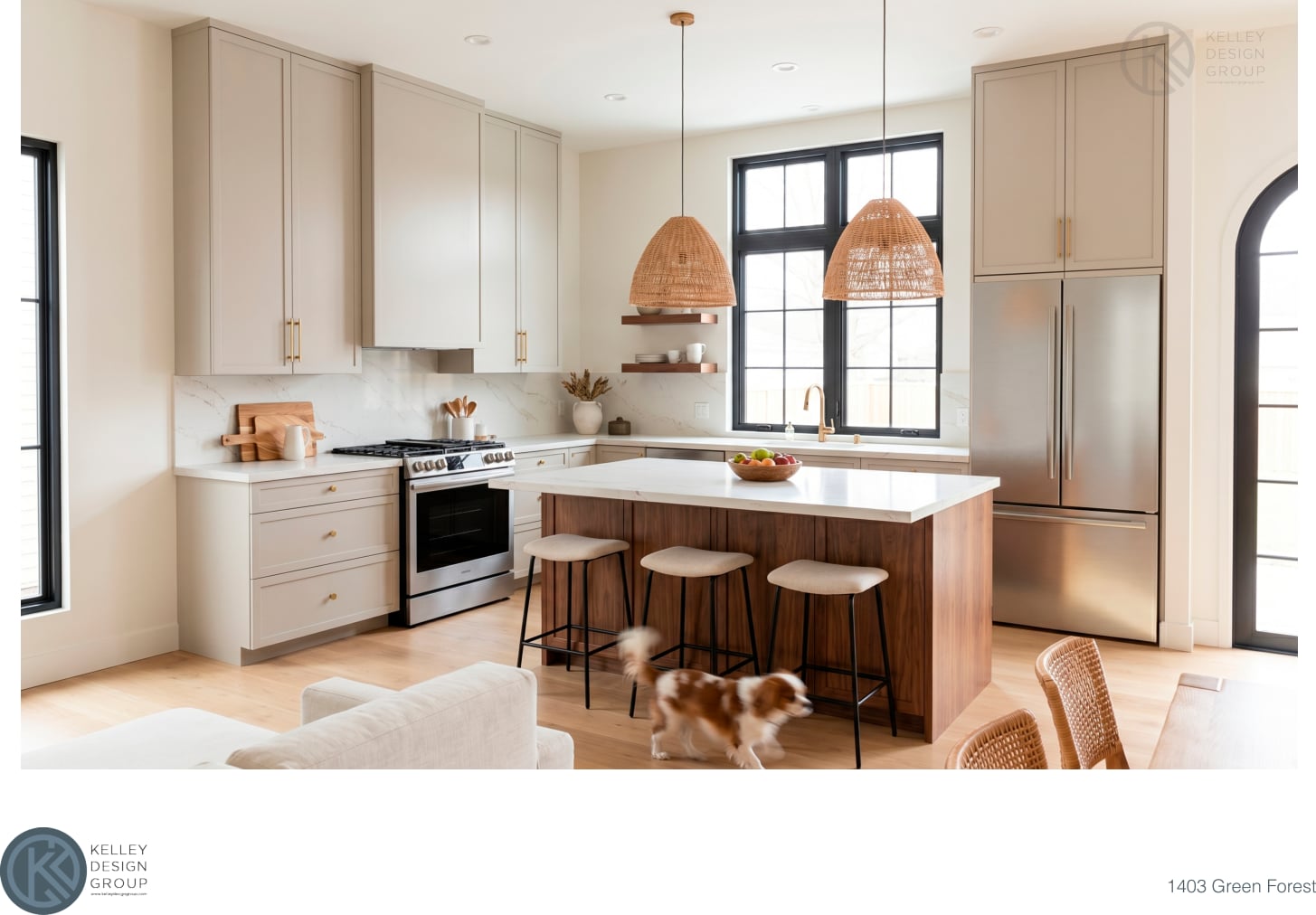Architectural rendering of an open kitchen with wood island