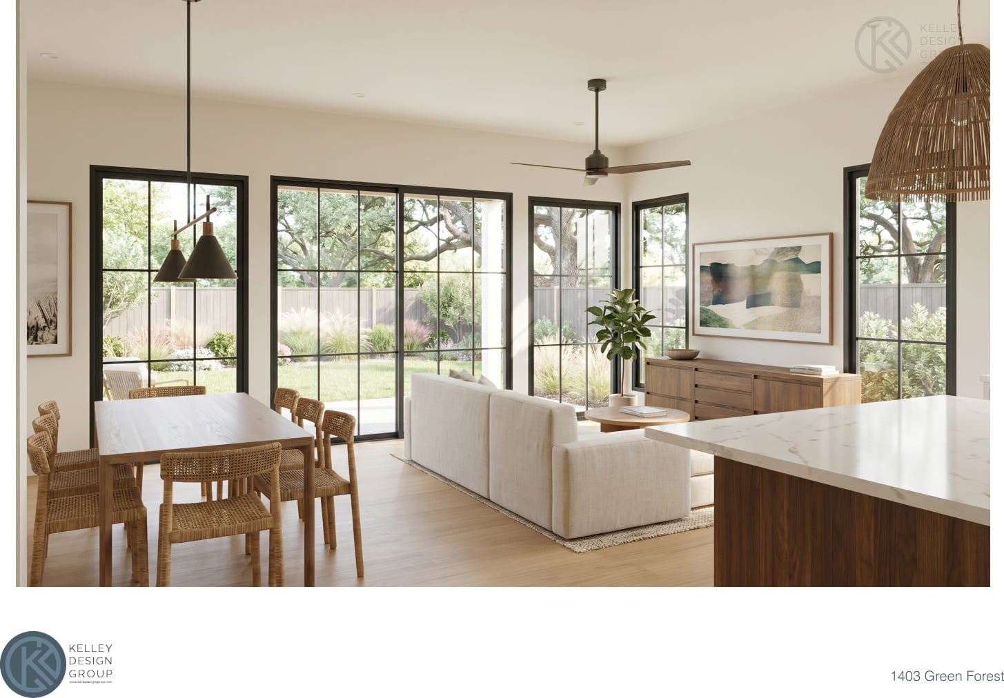 Architectural rendering of living and dining areas