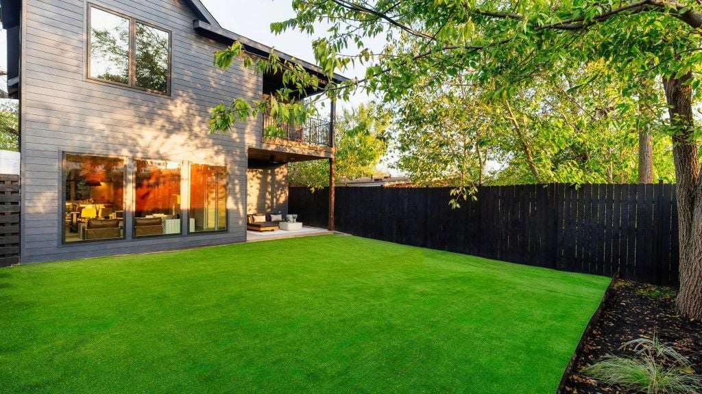 Backyard turf lawn facing the rear facade and covered patio