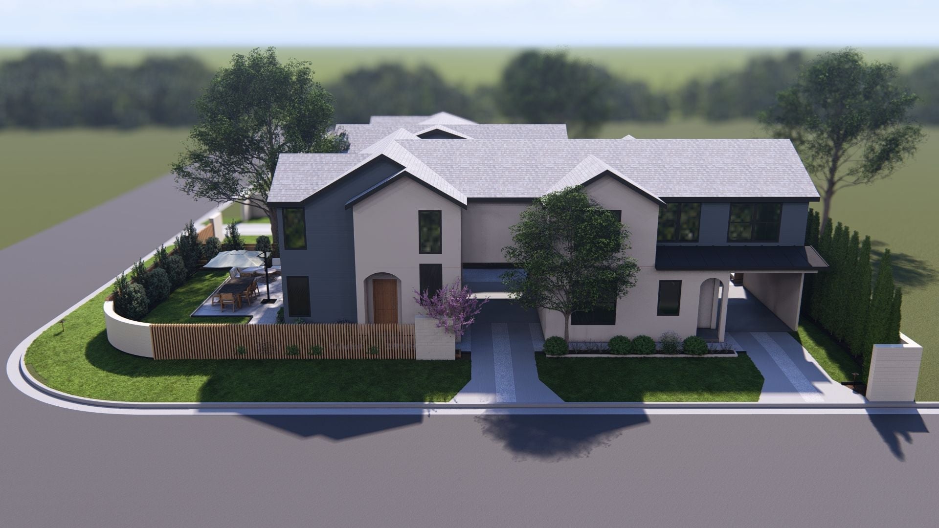 Exterior view of a completed KayeBuilt Homes residence at Majestic Enclave in South Austin